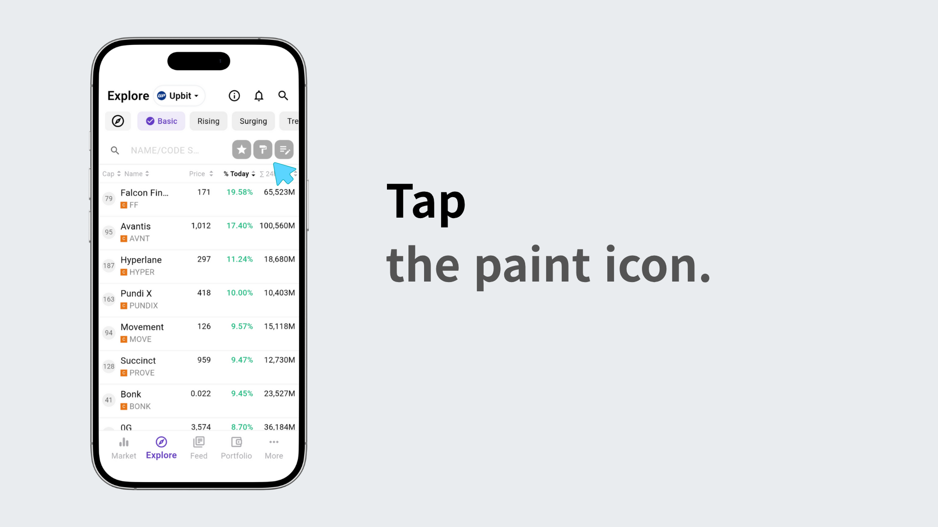 Screen showing paint icon for highlighting or excluding coins