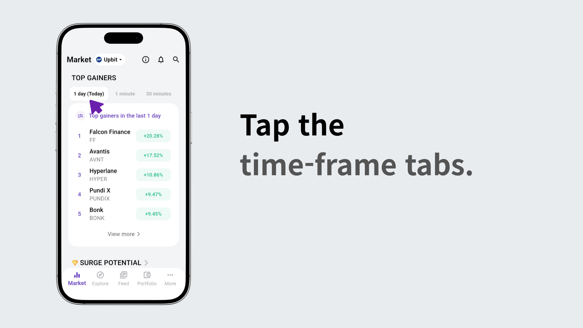 Screen showing top 5 coins by time frame