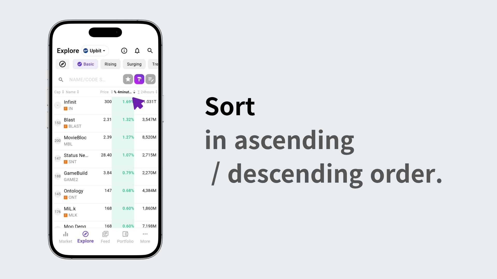 Screen showing coins sorted by performance over a 4-minute period