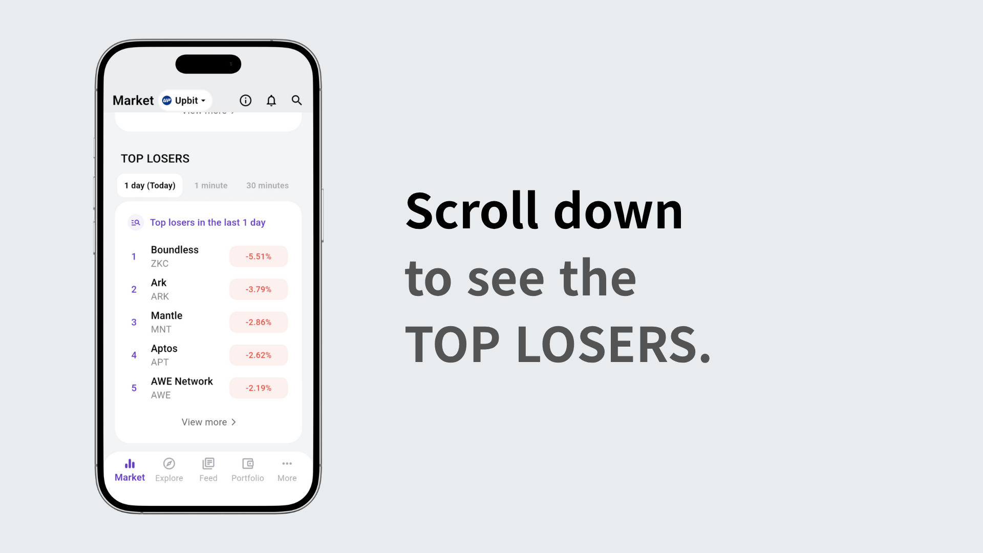 Scrolling down the list to the declining coins section