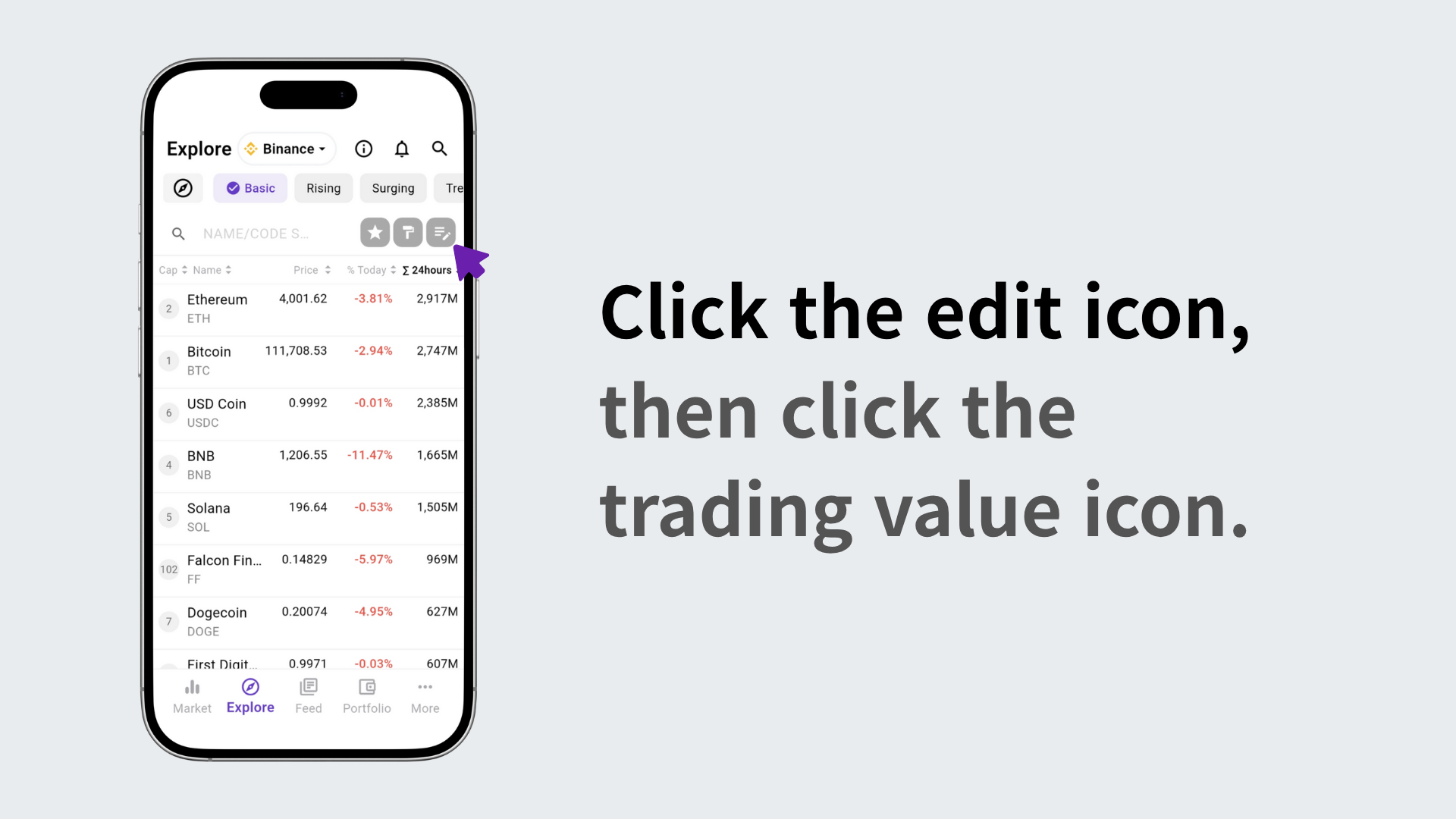 Selecting the trading volume icon in edit mode