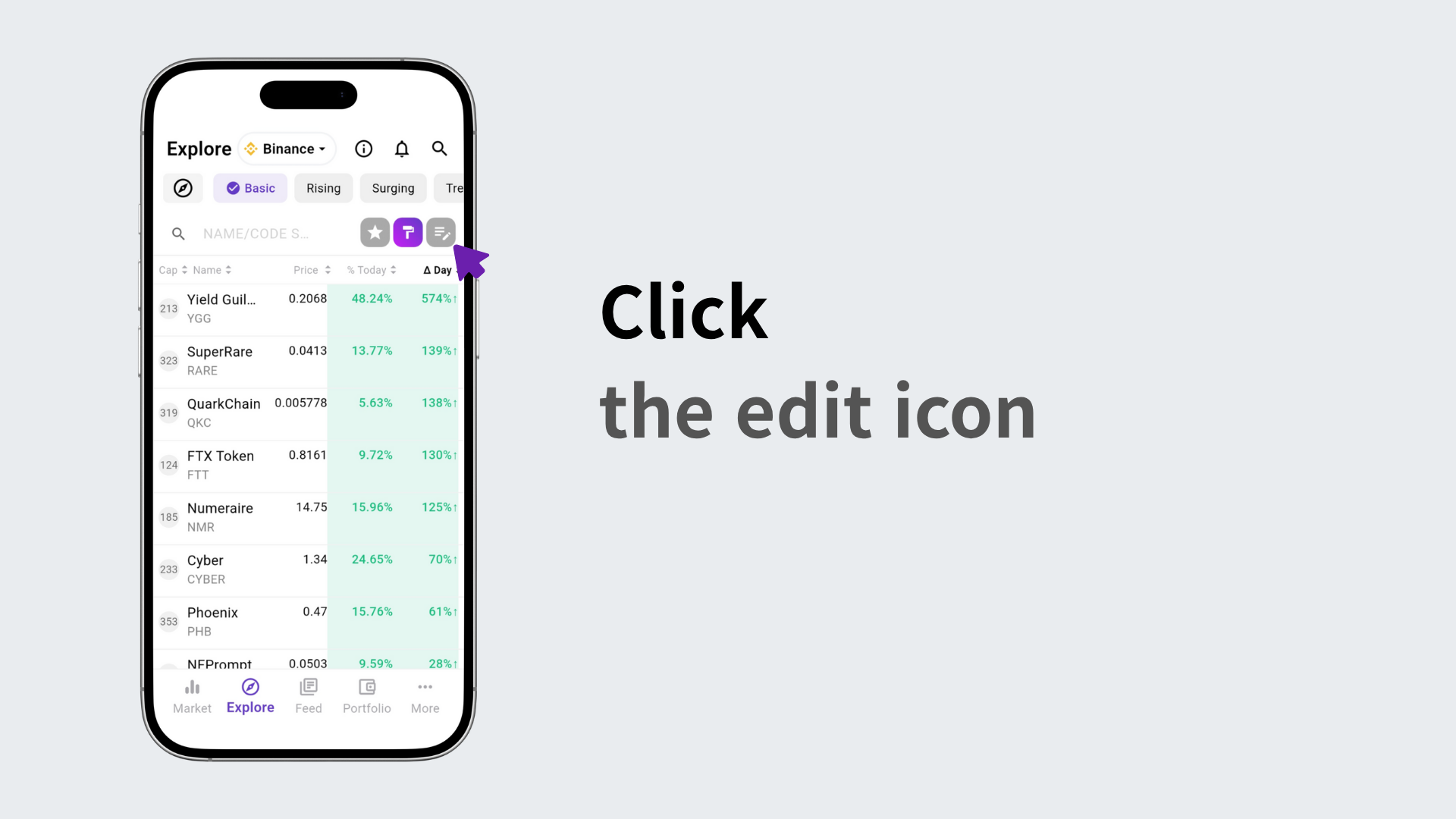 Selecting the trading volume change icon in edit mode
