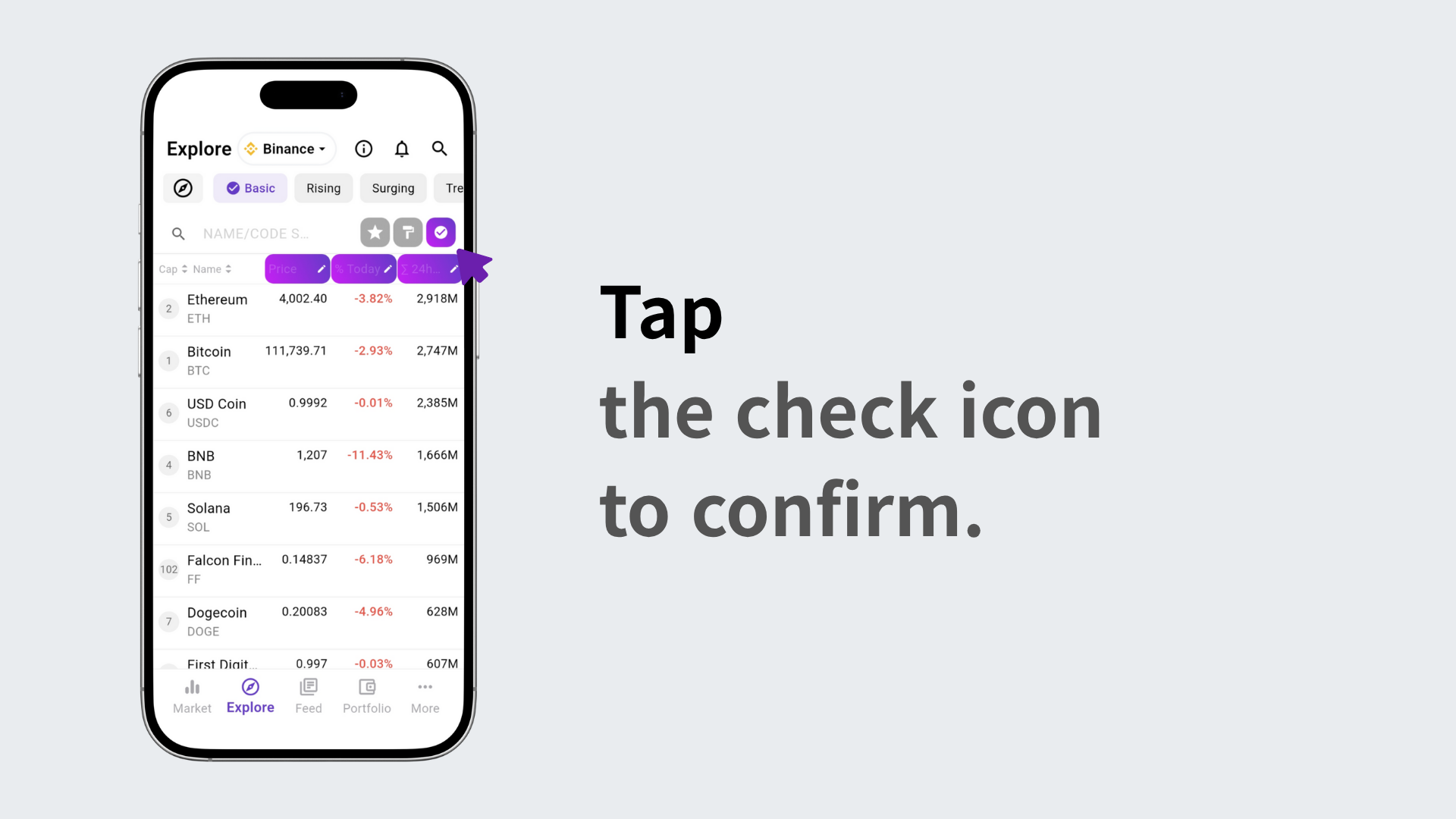 Tapping the check icon to save settings