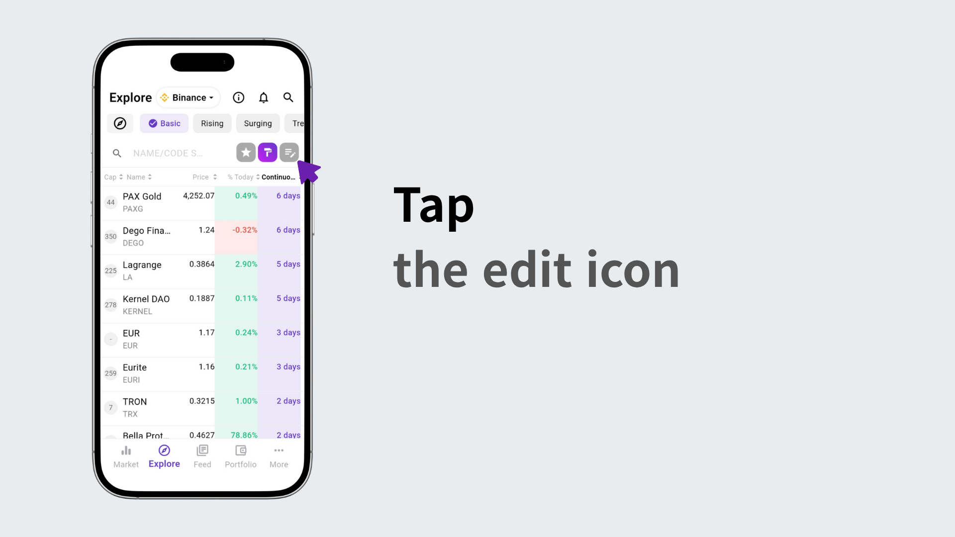 Selecting the consecutive gain icon in edit mode