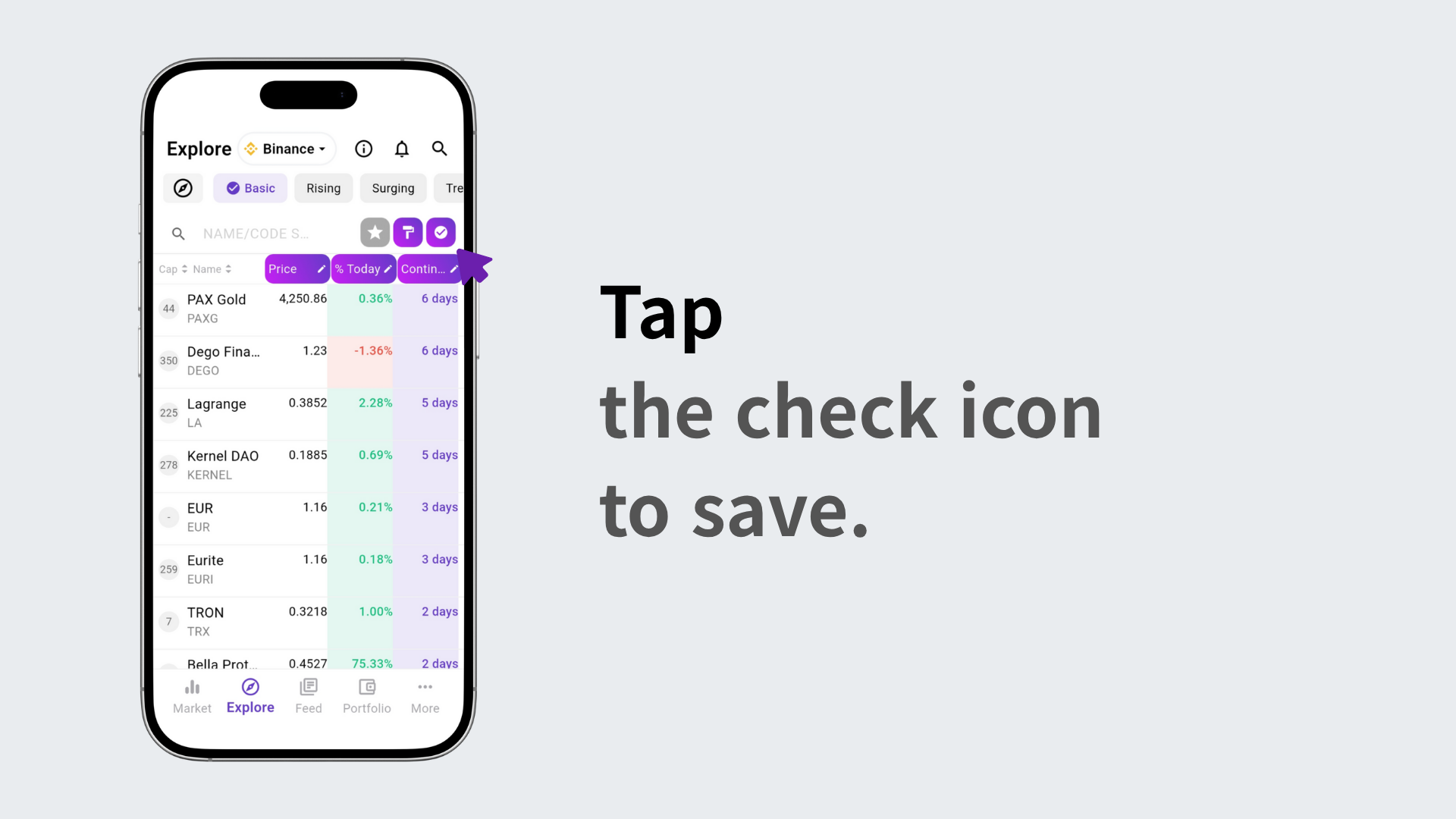 Tapping the check icon to save settings
