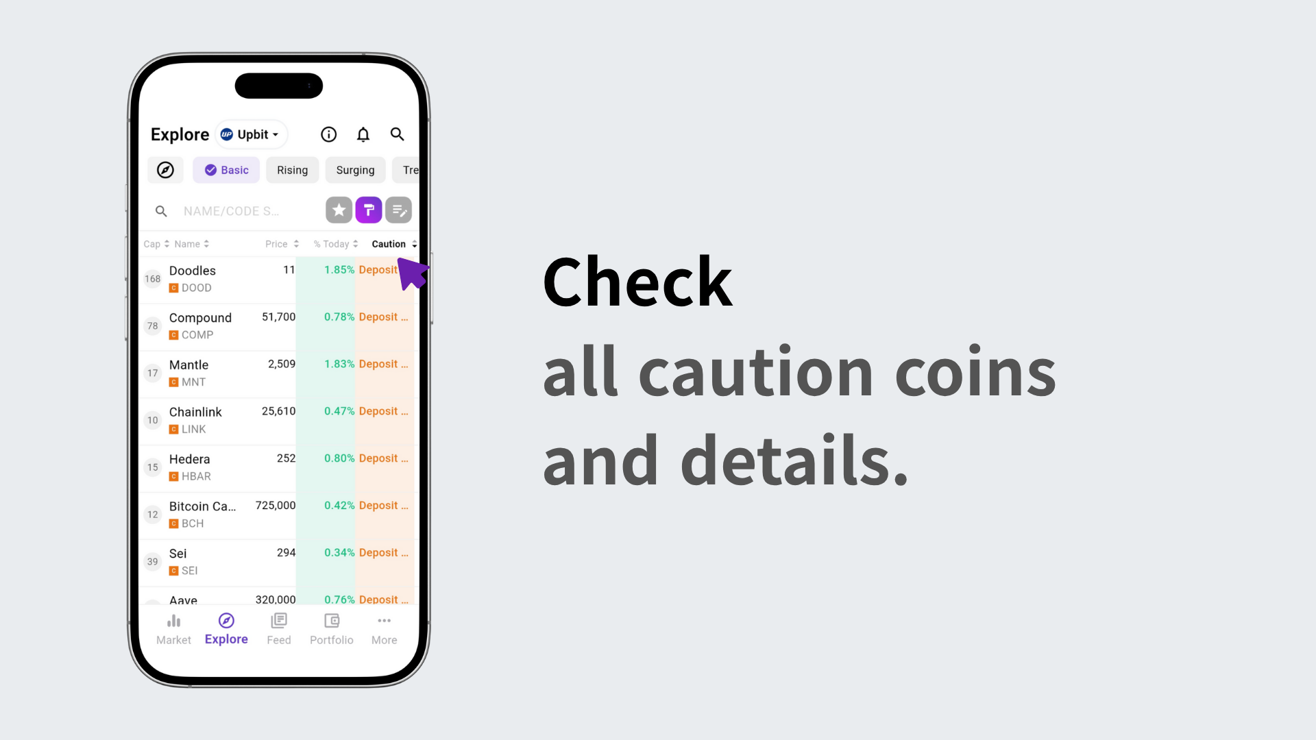 Viewing the list of watched coins and their details