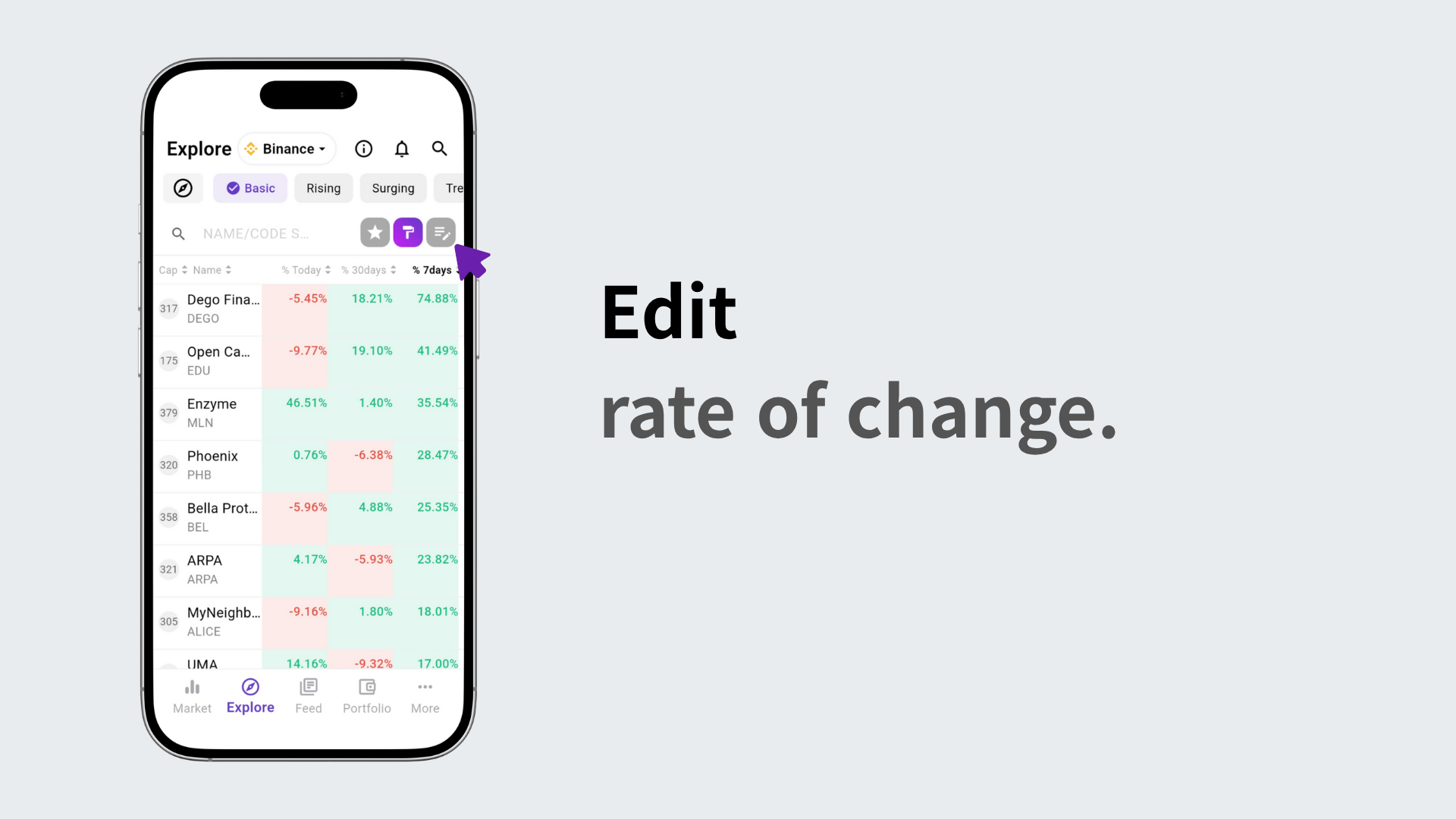 Selecting a percentage change in edit mode