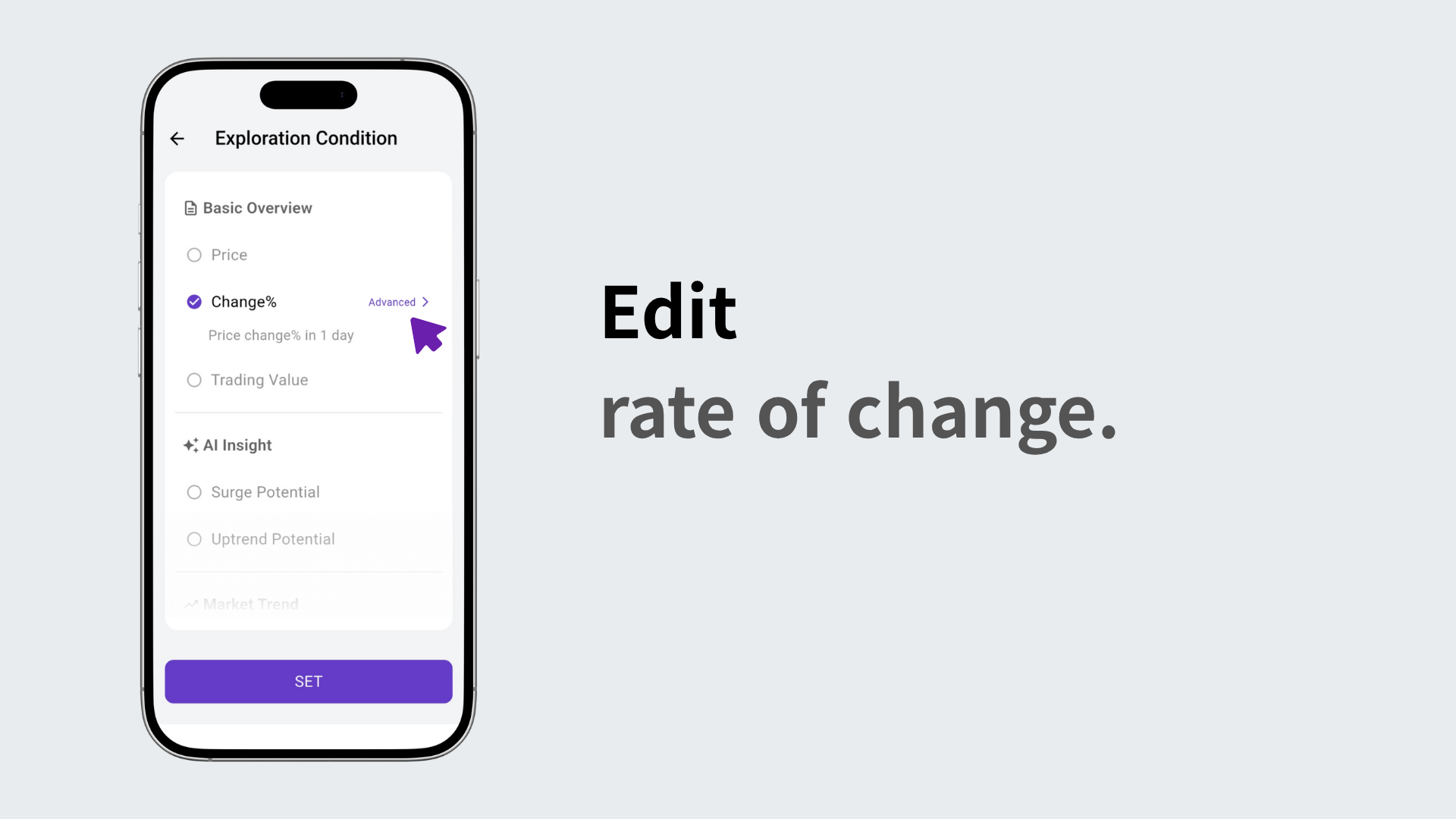 Choosing the period in the percentage change advanced settings menu