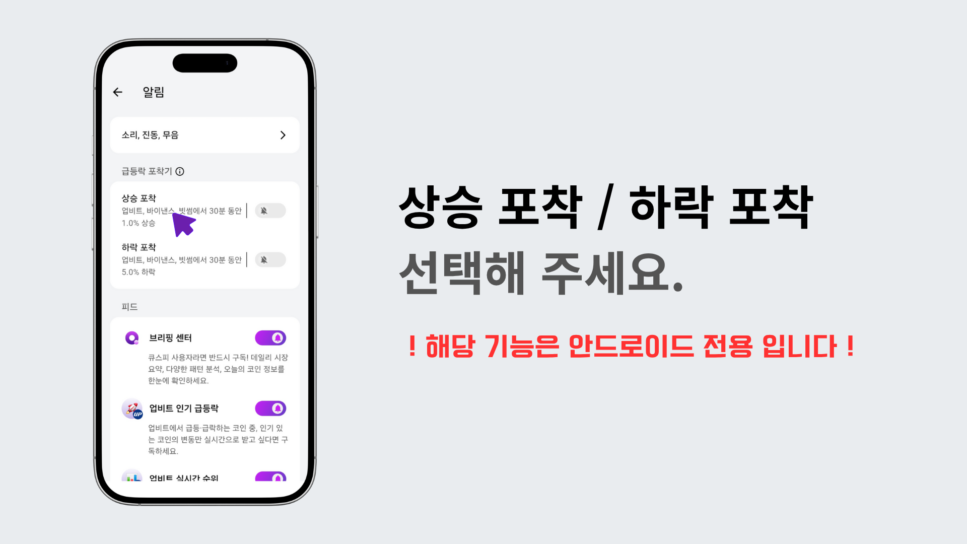 상승 포착과 하락 포착 버튼을 선택하는 화면